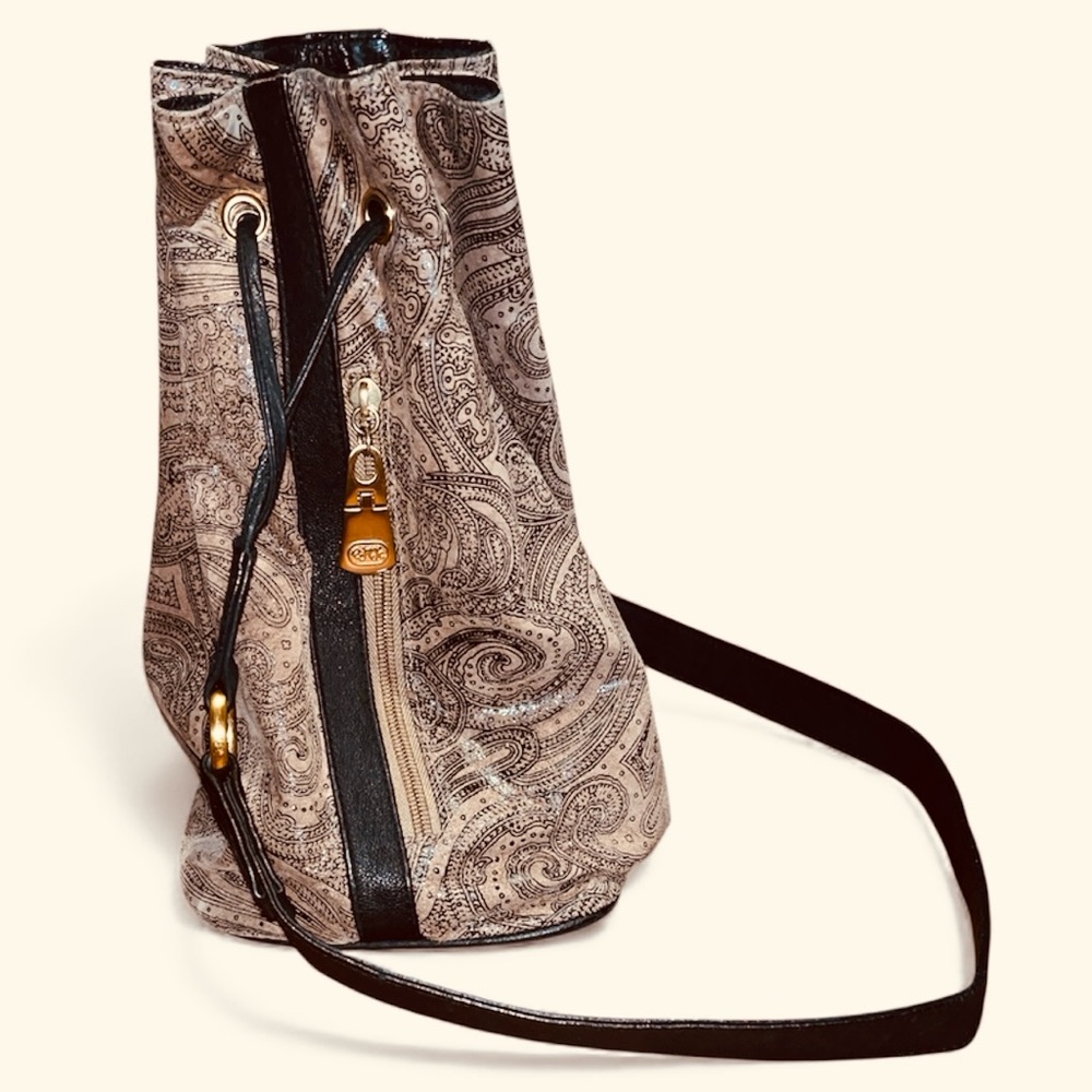 Genuine leather paisley bucket bag tan black purse